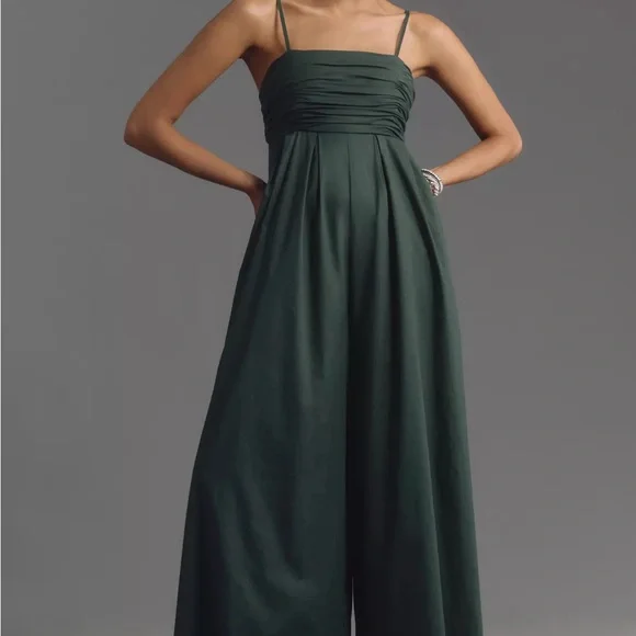 NWT Anthropologie Hutch- Forest Green Spaghetti Strap Wide-Leg Jumpsuit - Picture 1 of 5